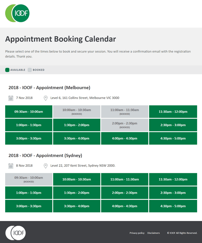 IOOF Appointment Booking Calendar