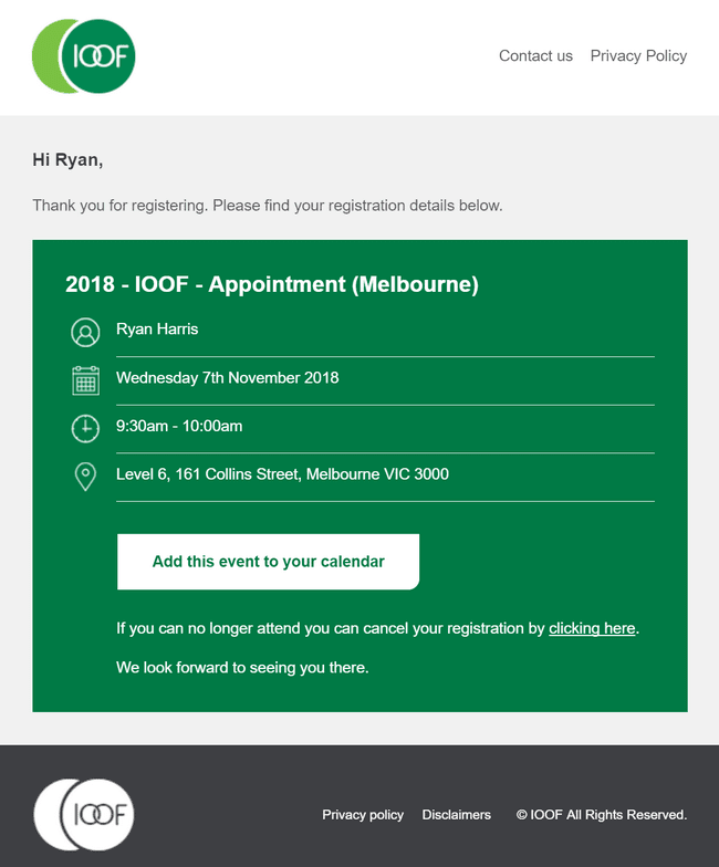 IOOF Appointment Booking Confirmation