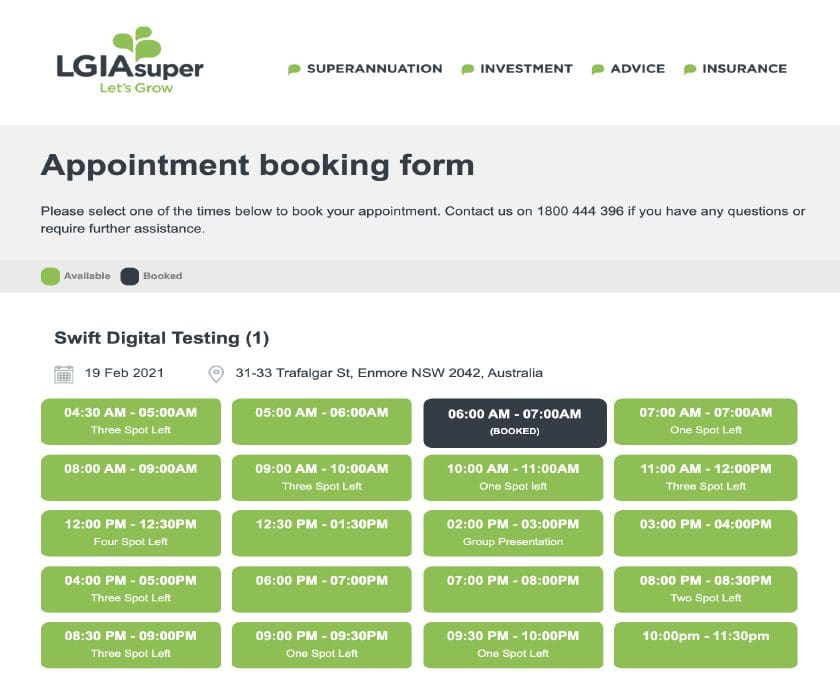 LGIA Appointment Booking Calendar