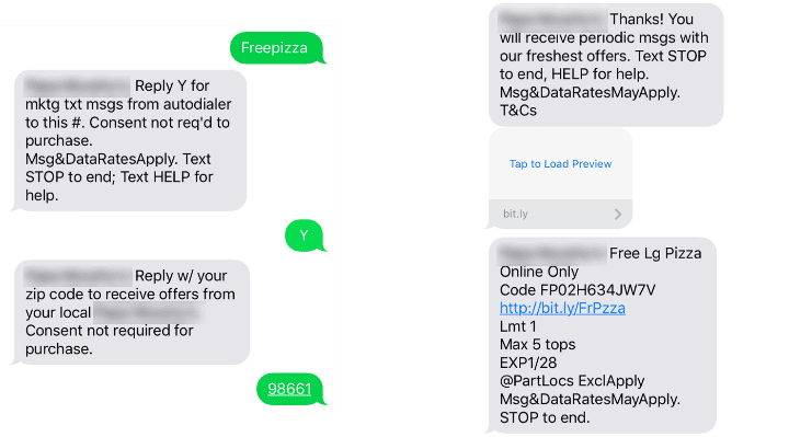 Pizza Hut's free pizza SMS messages