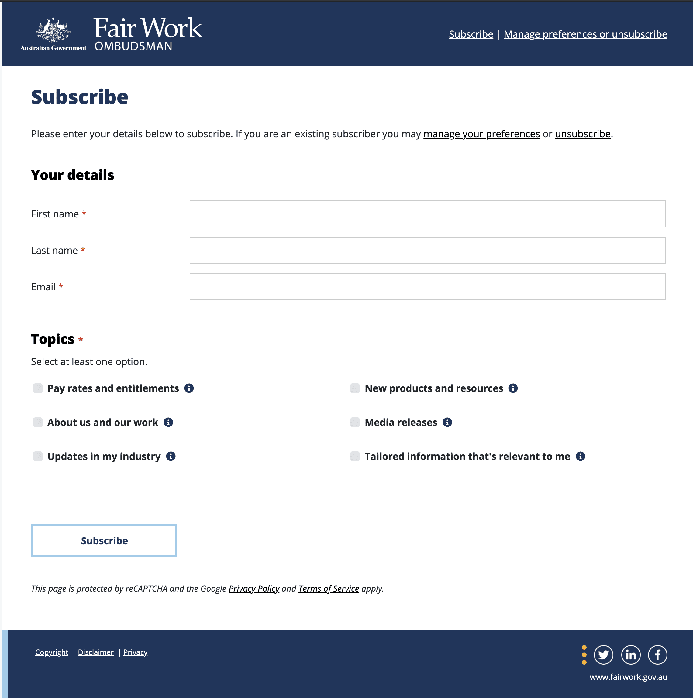 Fairwork Ombudsman Subscription Preference Centre Swift Digital