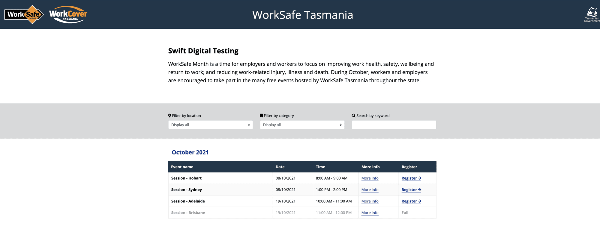 WorkSafe Tasmania Events Calendar Swift Digital