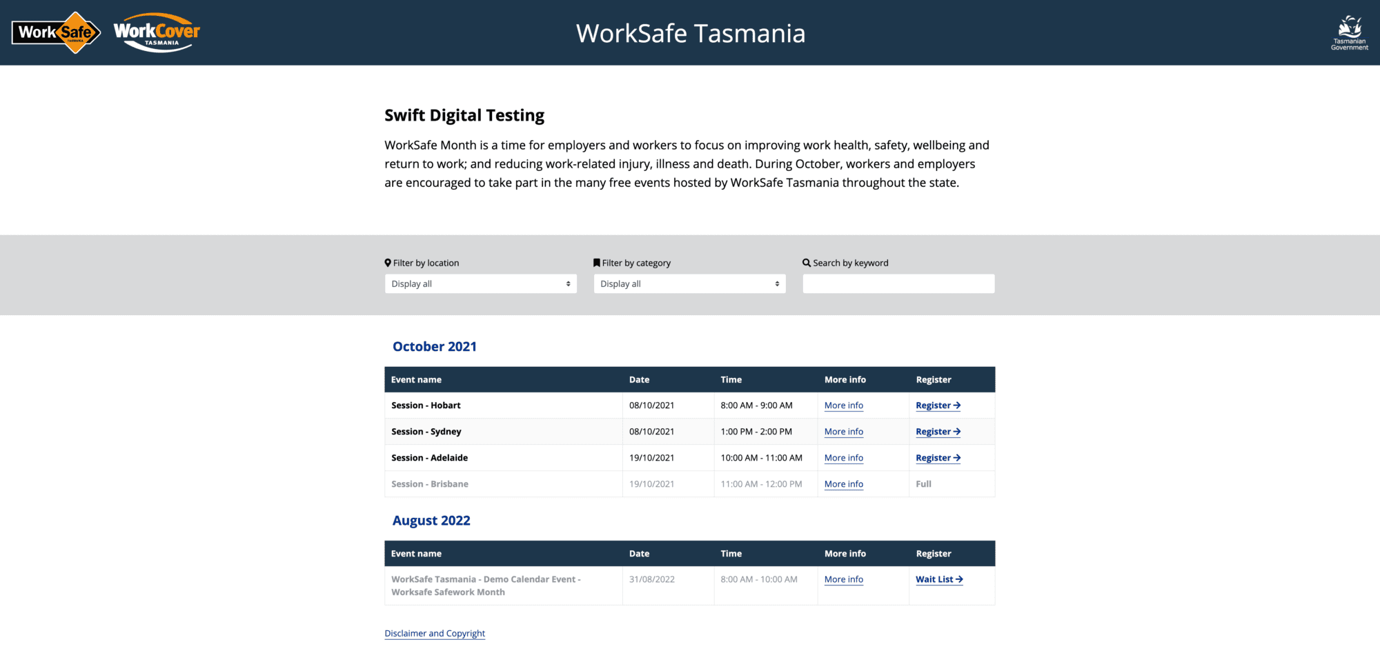 WorkSafe Tasmania Events Calendar Swift Digital