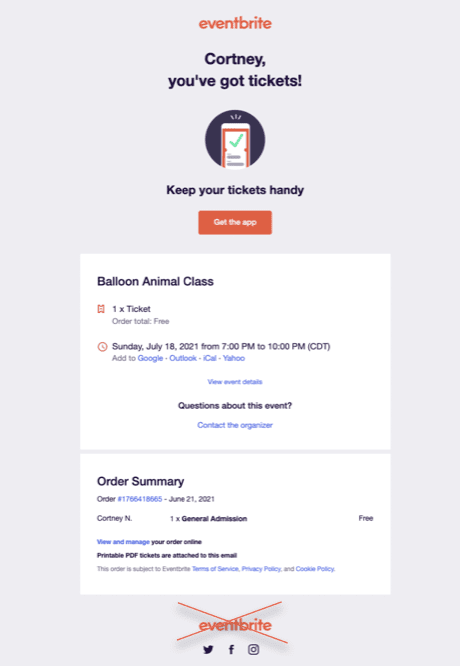 Eventbrite branding on confirmations