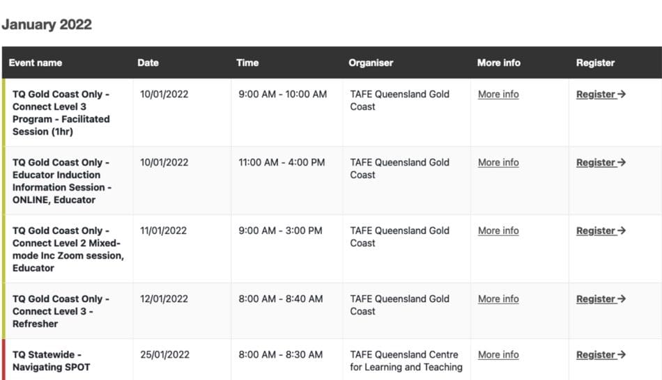 TAFE Queensland Events Booking Calendar Registration Form Showing Events
